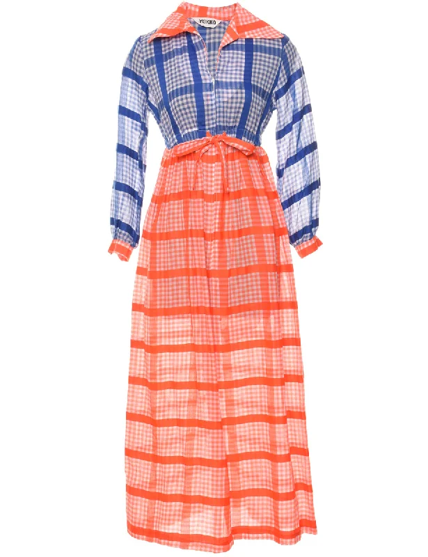 1970s Checked Navy & Red Bow Fasten Sheer Maxi Dress - XS Elegant Maxi Dress with Lace 1970s Checked Navy & Red Bow Fasten Sheer Maxi Dress - XS Elegant Maxi Dress with Lace