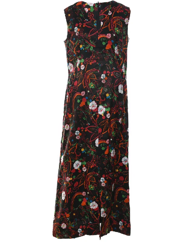 1970s Floral Print Sleeveless Multi-Colour Maxi Dress - L Elegant Sleeveless Maxi Dress 1970s Floral Print Sleeveless Multi-Colour Maxi Dress - L Elegant Sleeveless Maxi Dress