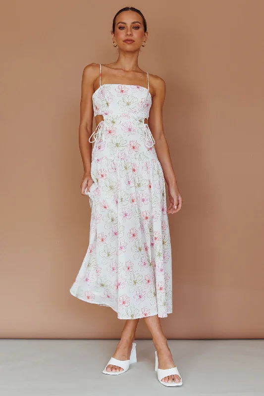 Aloha Cut-Out Waist Midi Dress Floral Pink Fashionable Skater Midi Dress