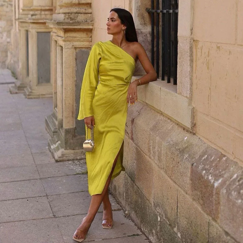 Asymmetric One Shoulder Bell Sleeve Split Midi Dress - Chartreuse Yellow Elegant V-Neck Midi Dress Asymmetric One Shoulder Bell Sleeve Split Midi Dress - Chartreuse Yellow Elegant V-Neck Midi Dress