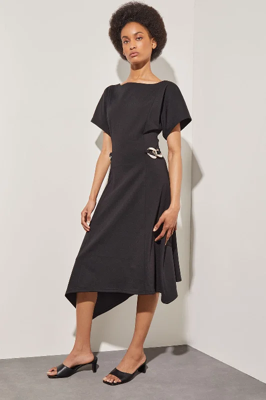 Asymmetrical Midi Dress - Chain Detail Stretch Ponte, Black