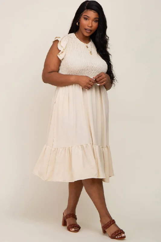 Beige Smocked Layered Ruffle Flutter Sleeve Plus Midi Dress Trendy Tiered Hem Midi Dress Beige Smocked Layered Ruffle Flutter Sleeve Plus Midi Dress Trendy Tiered Hem Midi Dress