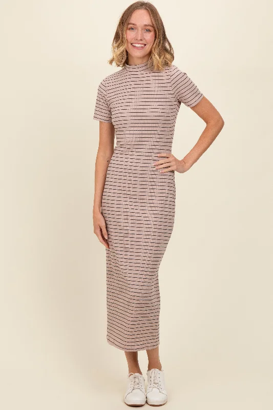 Beige Striped Mock Neck Fitted Midi Dress Trendy Flared Sleeve Midi Dress
