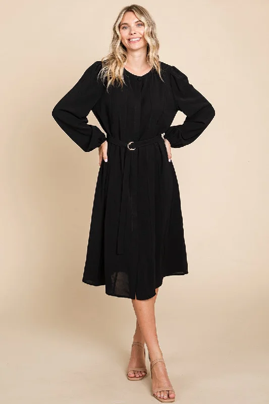 Belted Button Down Crew Neck Pleated Midi Dress Style 1136