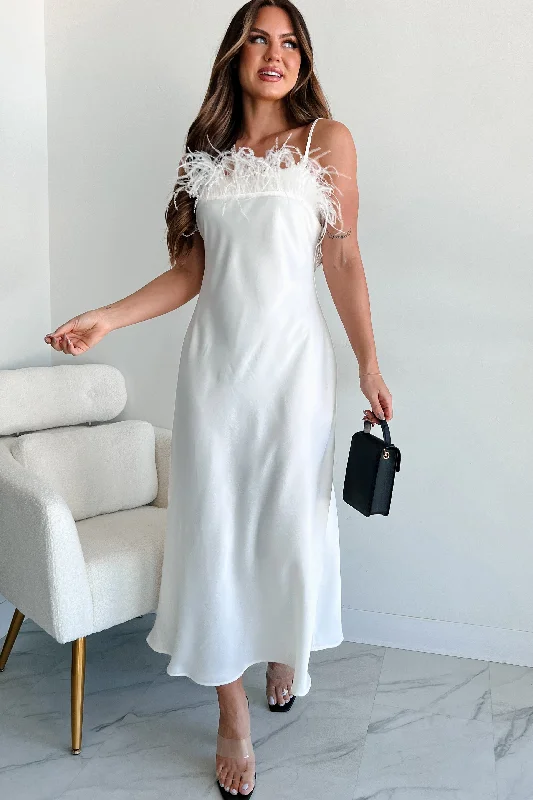 Birds Of Paradise Faux Feather Trim Midi Dress (Ivory) Stylish Off-Shoulder Ruffle Dress Birds Of Paradise Faux Feather Trim Midi Dress (Ivory) Stylish Off-Shoulder Ruffle Dress