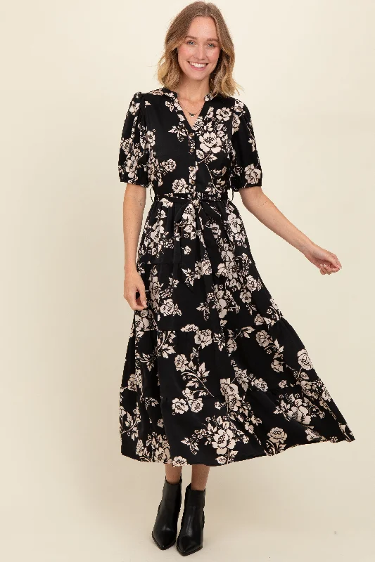Black Floral Button Down Front Tie Midi Dress Fashionable Wide Leg Midi Dress