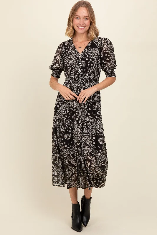Black Paisley Button Front V-Neck Tiered Midi Dress Fashionable Plaid Midi Dress