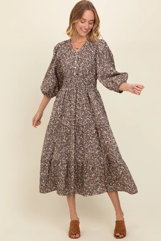 Brown Floral Button Front V-Neck Midi Dress Comfortable Adjustable Strap Midi Dress