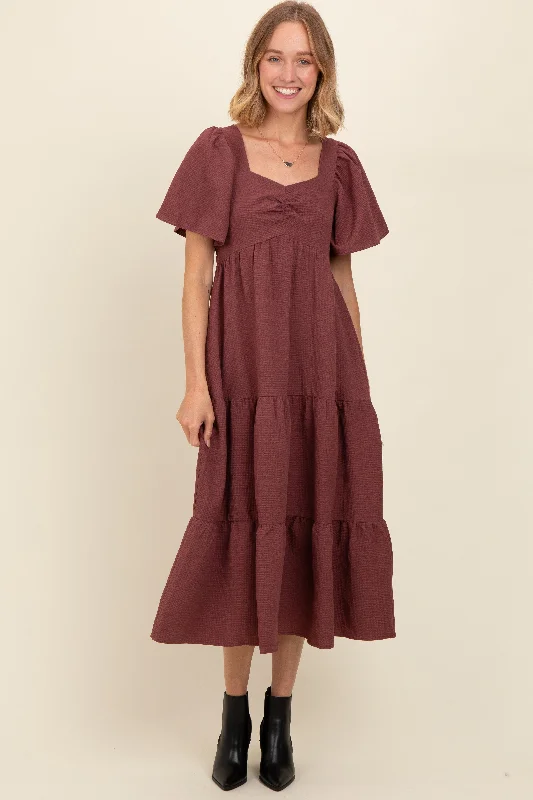 Burgundy Sweetheart Neck Short Puff Sleeve Tiered Midi Dress Stylish Vintage Midi Dress Burgundy Sweetheart Neck Short Puff Sleeve Tiered Midi Dress Stylish Vintage Midi Dress