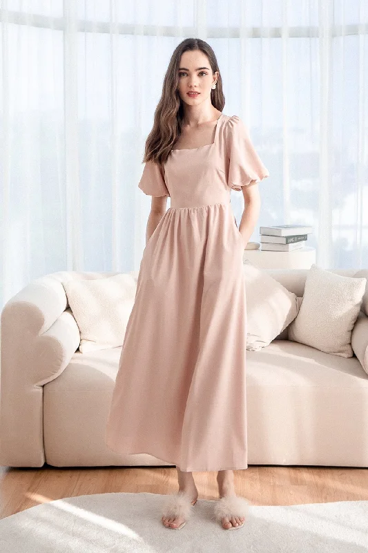 CASS PUFF-SLEEVE TIE-BACK MAXI DRESS IN NUDE PINK