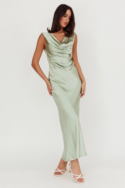 Chills Cowl Neck Satin Maxi Dress Sage