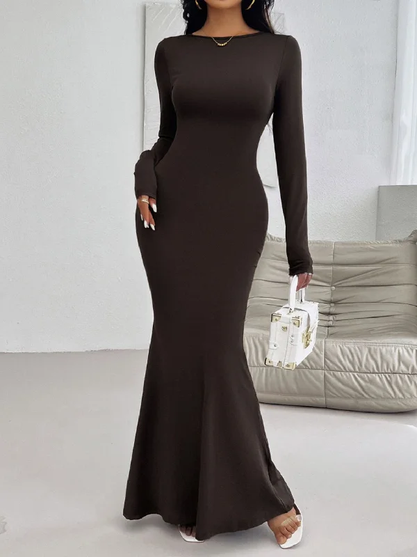 Devine Backless Round Neck Long Sleeve Maxi Dress Fashionable Button-Down Maxi Dress Devine Backless Round Neck Long Sleeve Maxi Dress Fashionable Button-Down Maxi Dress