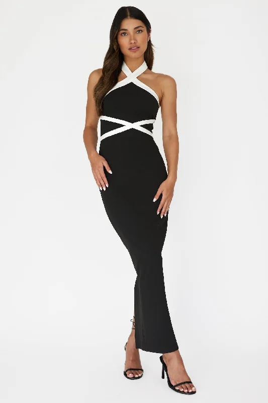 Eleganza Halterneck Contrast Maxi Dress Black