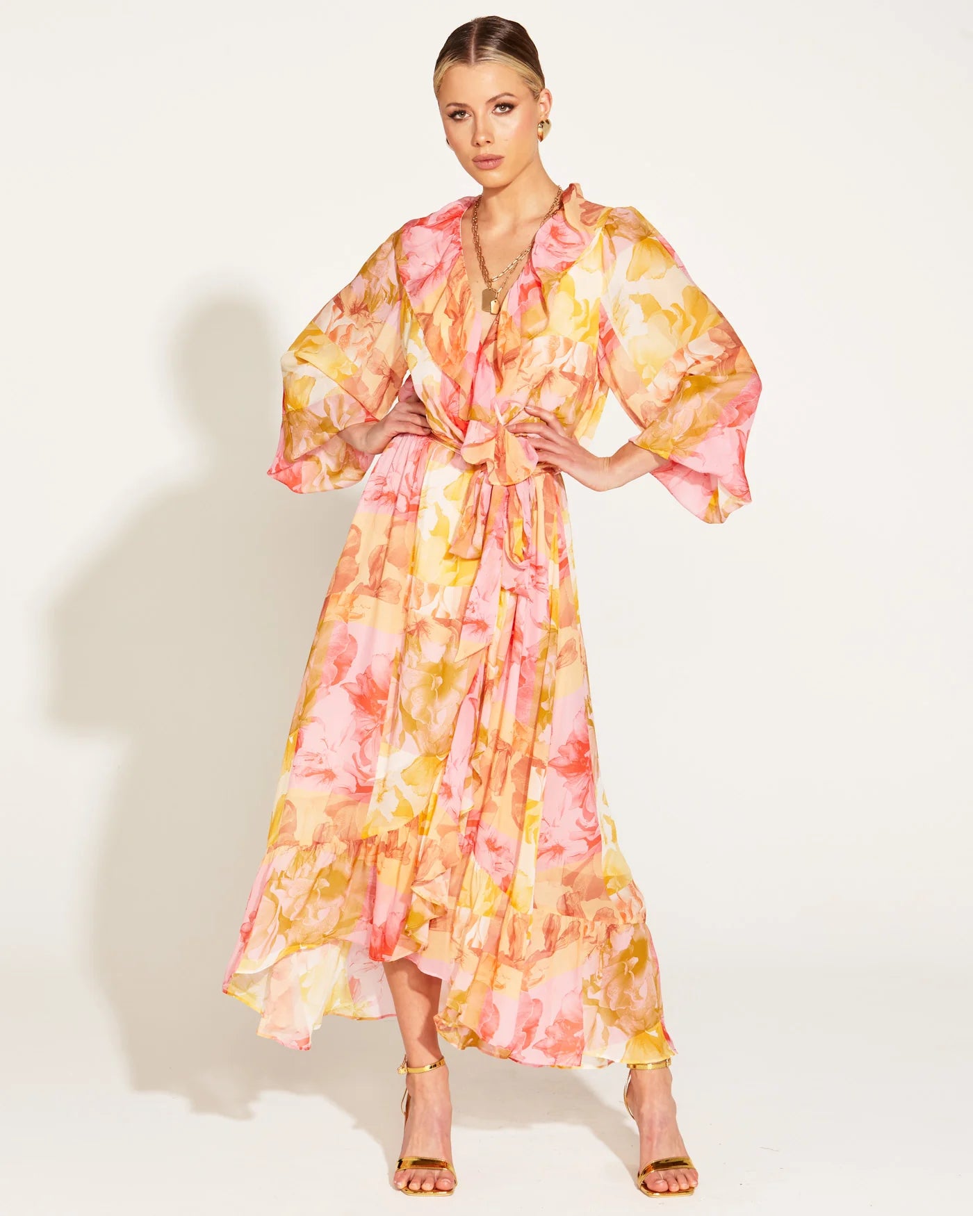 FATE+BECKER EARTHLY PARADISE LONG SLEEVE WRAP MIDI DRESS PARADISE FLORAL