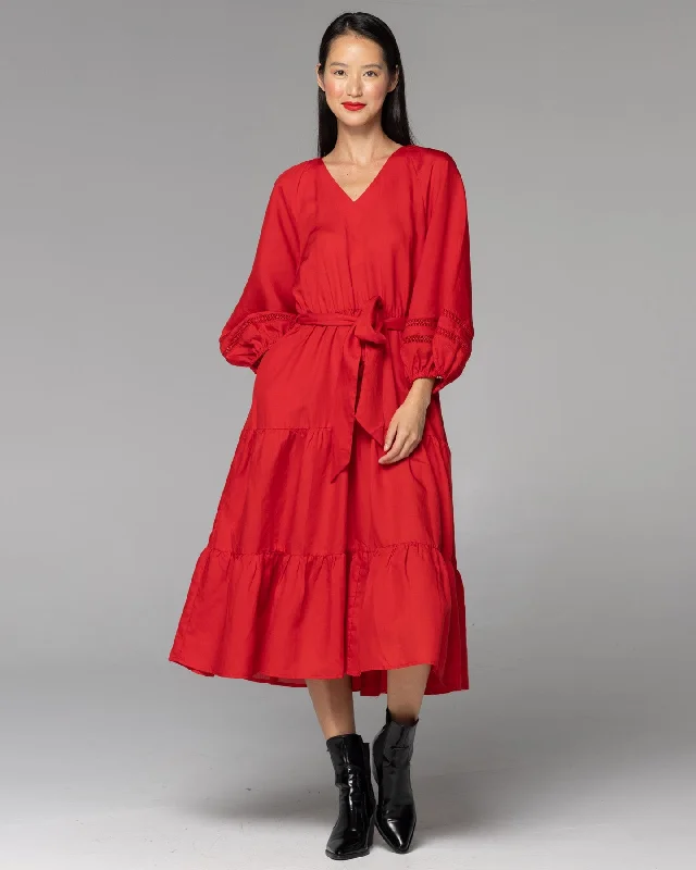 Fate + Becker Faraway Tiered Midi Dress - Cherry Red