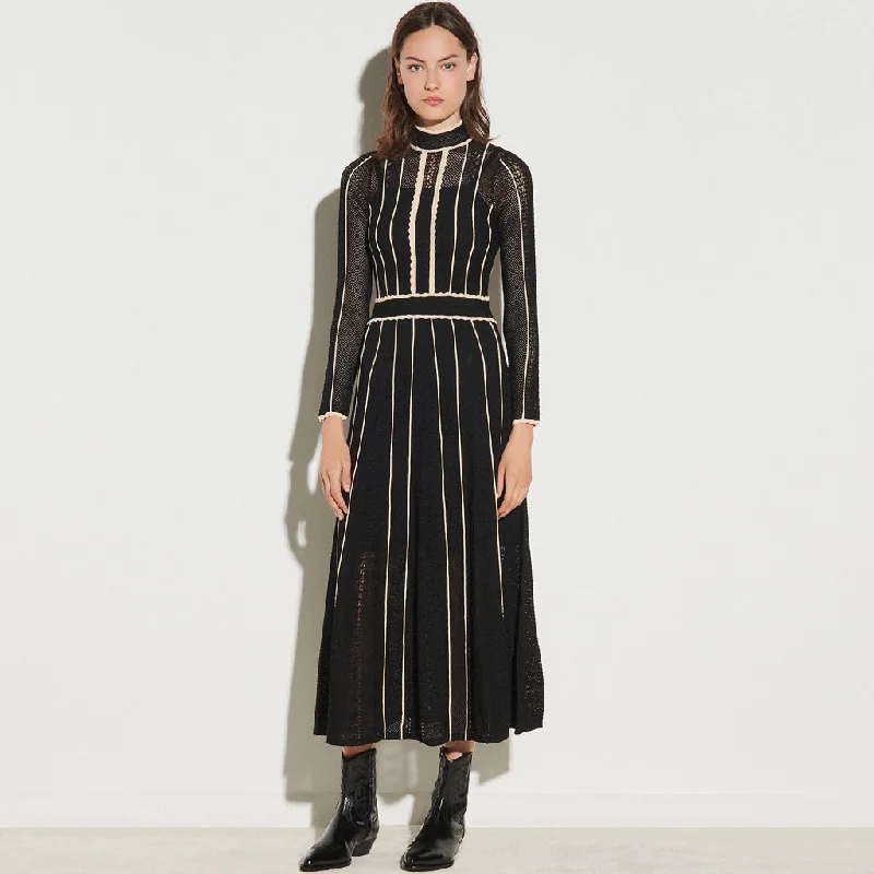 Flattering Stripe Long Sleeve High Neck Knit Pointelle Midi Dress - Black Stylish Wraparound Midi Dress Flattering Stripe Long Sleeve High Neck Knit Pointelle Midi Dress - Black Stylish Wraparound Midi Dress