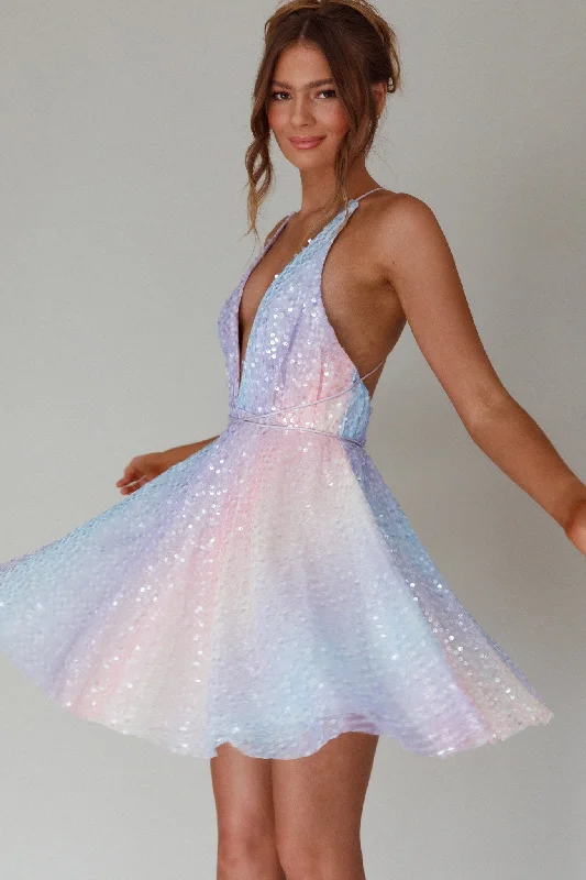 Floating By Plunging Neckline Mini Dress Sequin Rainbow Comfortable Shift Mini Dress