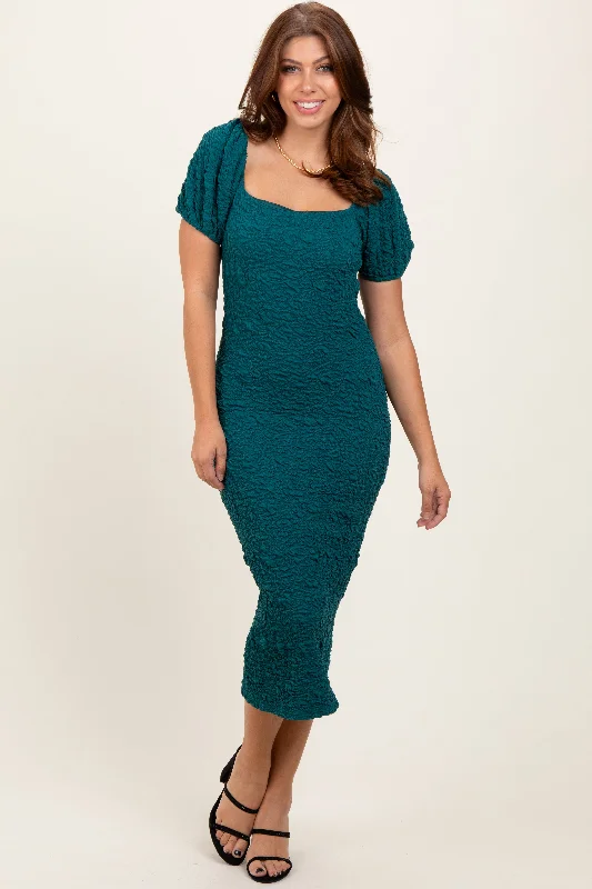 Forest Green Textured Square Neck Puff Sleeve Midi Dress Fashionable Pleated Midi Dress Forest Green Textured Square Neck Puff Sleeve Midi Dress Fashionable Pleated Midi Dress