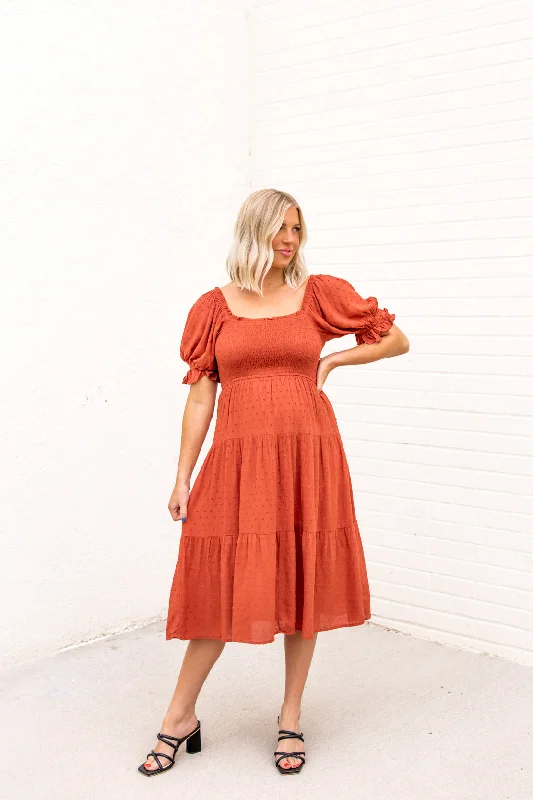 Jasmine Swiss Dot Midi Dress | Rust