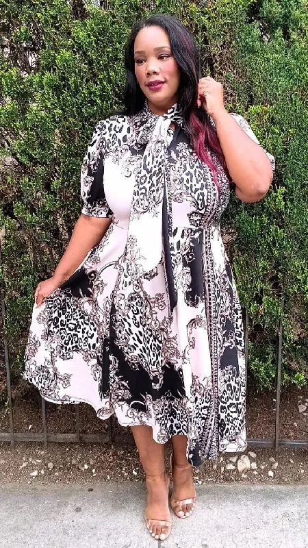 Hi Curvy Plus Size Multi Print Bow Collar Fit & Flare Midi Dress