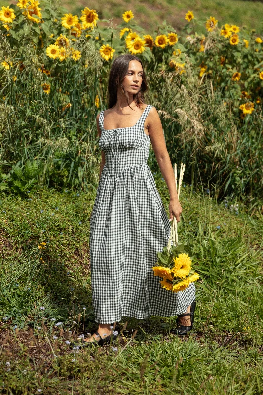 Kinslee Midi Dress - Black Gingham Trendy Long Sleeve Midi Dress