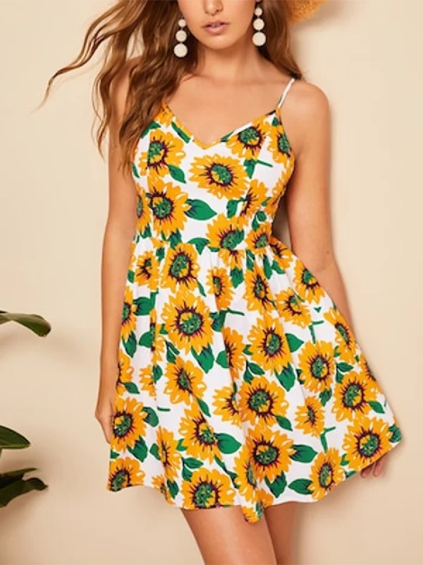 Knot Back Sunflower Print Sexy Cami High Waist Mini Dress