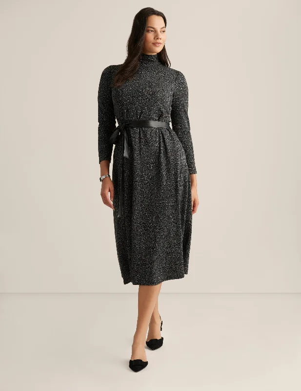 Belted Mock Neck Midi Dress