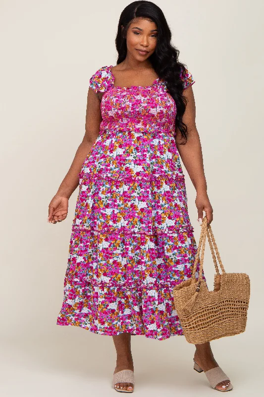 Magenta Floral Smocked Ruffle Tiered Midi Dress Trendy Off-Shoulder Button Midi Dress Magenta Floral Smocked Ruffle Tiered Midi Dress Trendy Off-Shoulder Button Midi Dress