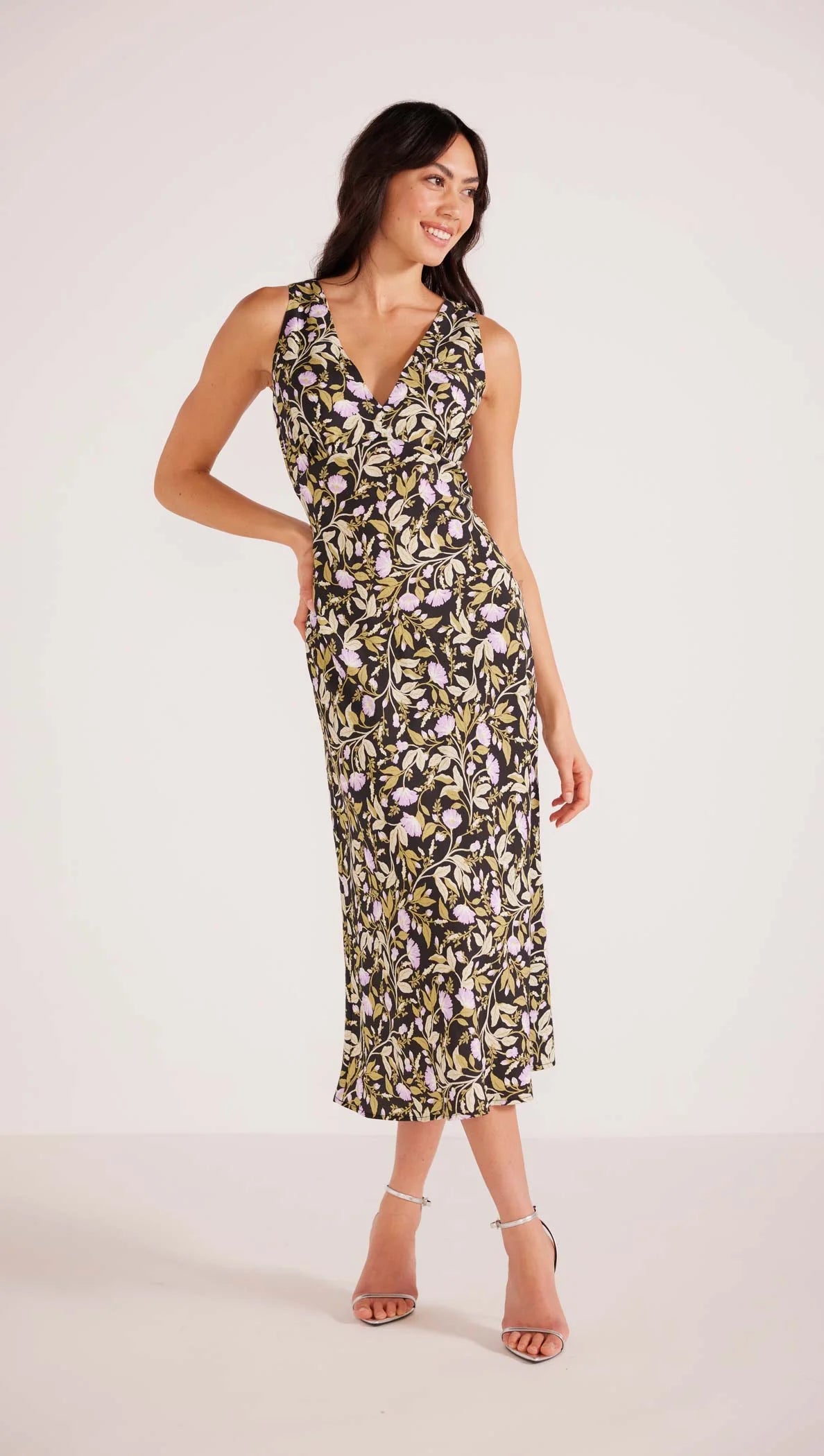 MINK PINK NOCTURNE BIAS SLIP MIDI DRESS LILAC FLORAL