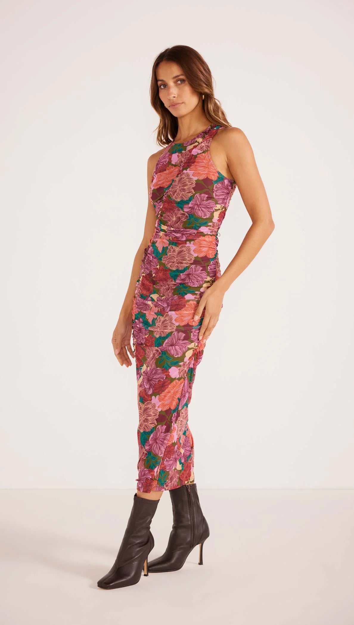 MINKPINK ZORA RUCHED MIDI DRESS FALL FLORAL