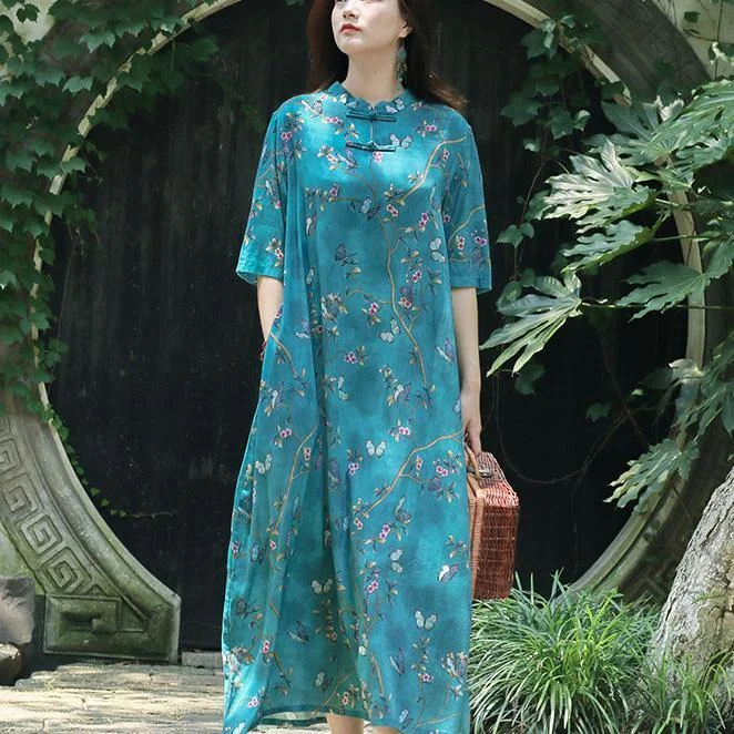 Modern stand collar pockets silk linen clothes For Women Organic Catwalk blue print Maxi Dress Summer Classic Solid Maxi Dress Modern stand collar pockets silk linen clothes For Women Organic Catwalk blue print Maxi Dress Summer Classic Solid Maxi Dress