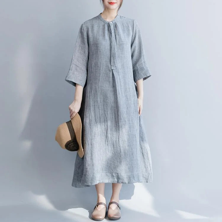 Modern stand collar Three Quarter sleeve linen clothes For Women top quality design blue Maxi Dresses spring Elegant Maxi Dress with Lace Modern stand collar Three Quarter sleeve linen clothes For Women top quality design blue Maxi Dresses spring Elegant Maxi Dress with Lace