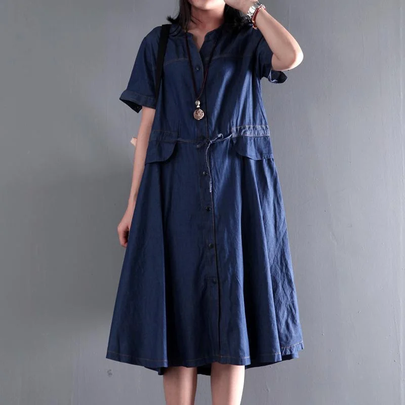 Navy blue summer denim maxi dress plus size denim sundress short sleeve fit flare dress Stylish V-Neck Maxi Dress Navy blue summer denim maxi dress plus size denim sundress short sleeve fit flare dress Stylish V-Neck Maxi Dress