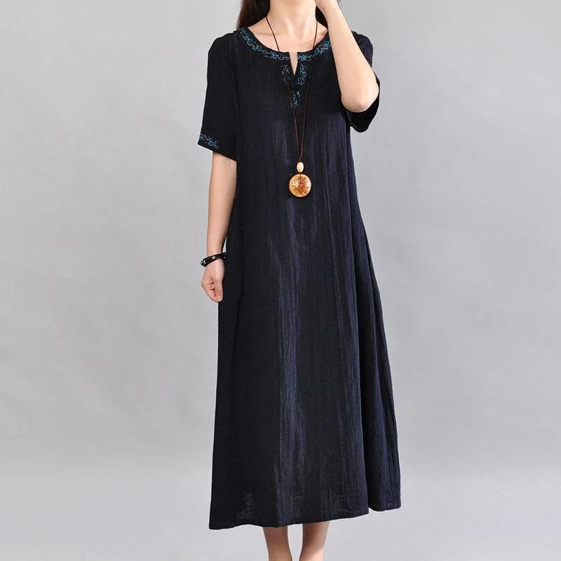 navy wrinkled linen dresses embroidery plus size women sundress slim short sleeve maxi dress Chic Summer Floral Maxi Dress navy wrinkled linen dresses embroidery plus size women sundress slim short sleeve maxi dress Chic Summer Floral Maxi Dress