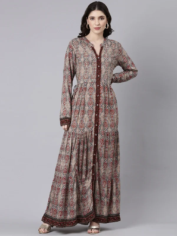 Neeru's Beige Straight Casual Printed Maxi Dresses