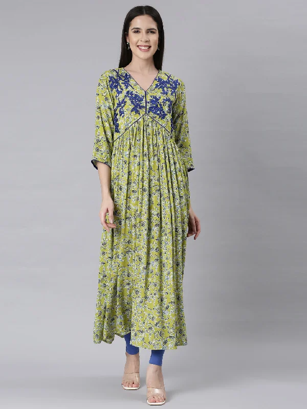 Neerus Green Asymmetric Casual Floral Maxi Dresses