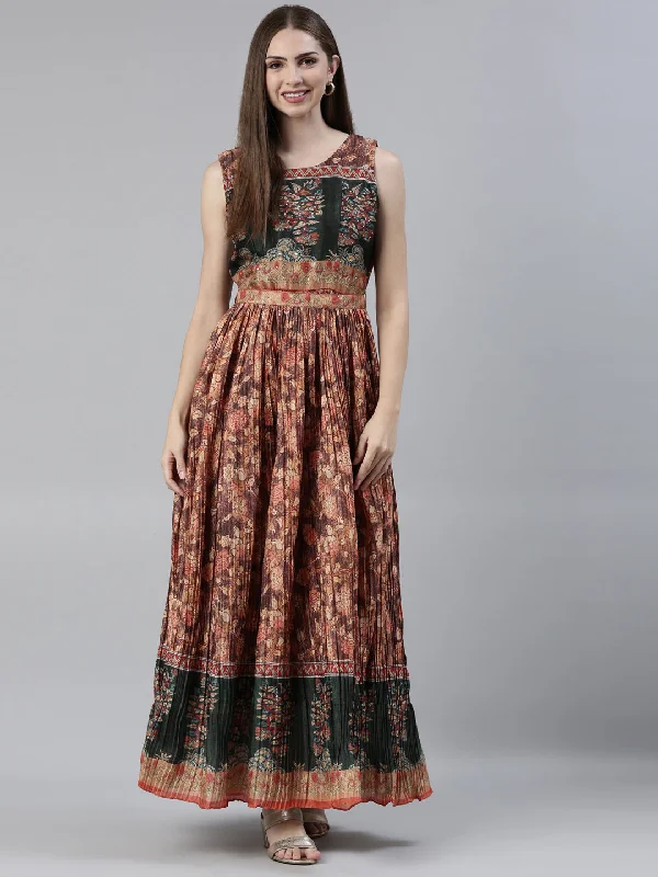 Neeru's Rust Straight Casual Printed Maxi Dresses