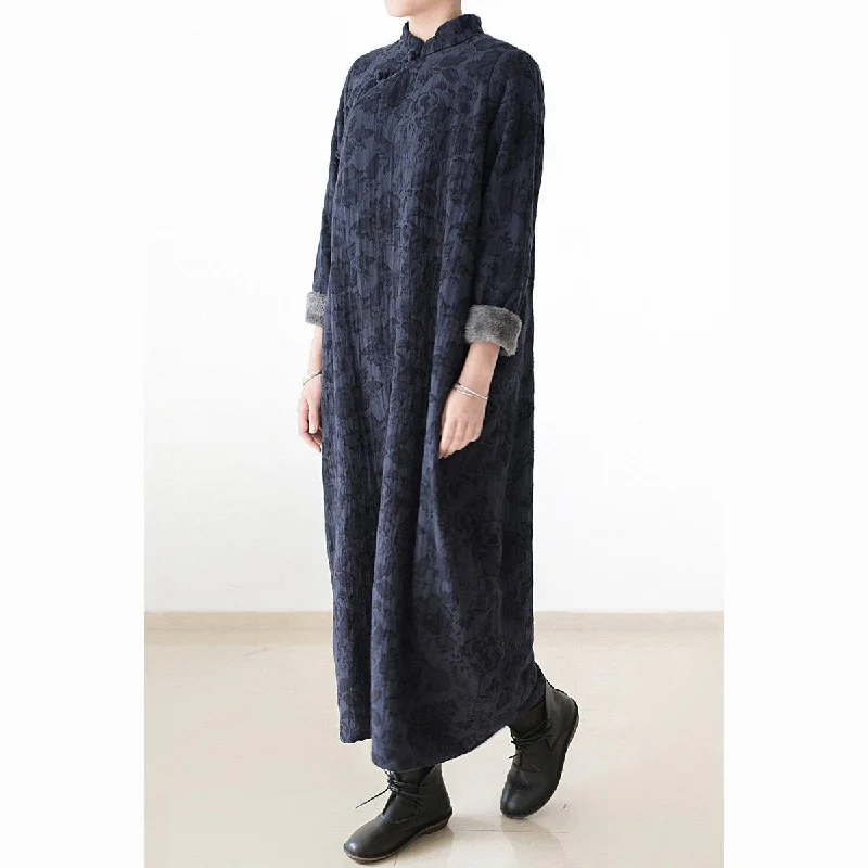 new dark blue warm fall outfit linen maxi dress oversize prints vintage Chinese Button casual dress Comfortable Long-Sleeve Maxi Dress new dark blue warm fall outfit linen maxi dress oversize prints vintage Chinese Button casual dress Comfortable Long-Sleeve Maxi Dress