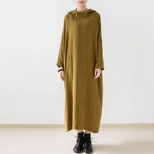 Olive double layered long sleeve linen dresses hooded long cotton maxi dresses Stylish V-Neck Maxi Dress Olive double layered long sleeve linen dresses hooded long cotton maxi dresses Stylish V-Neck Maxi Dress
