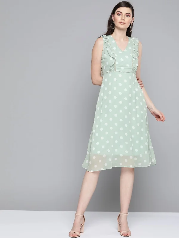 Women's Olive Polka Dot Midi Dress - SASSAFRAS