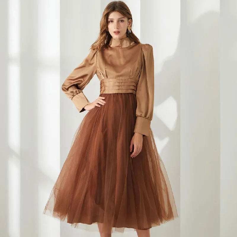 Opulent Two Tone Mock Neck Pleated High Waist Puff Sleeve Midi Dress Fashionable Skater Midi Dress Opulent Two Tone Mock Neck Pleated High Waist Puff Sleeve Midi Dress Fashionable Skater Midi Dress