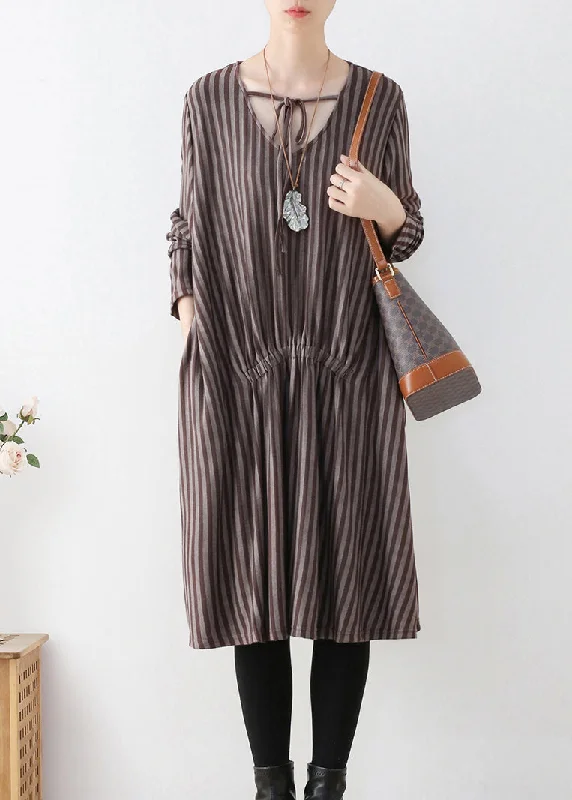 Organic Coffee V Neck Striped Knitted Cotton Thread Maxi Dress Fall Trendy Maxi Dress with Lace Organic Coffee V Neck Striped Knitted Cotton Thread Maxi Dress Fall Trendy Maxi Dress with Lace