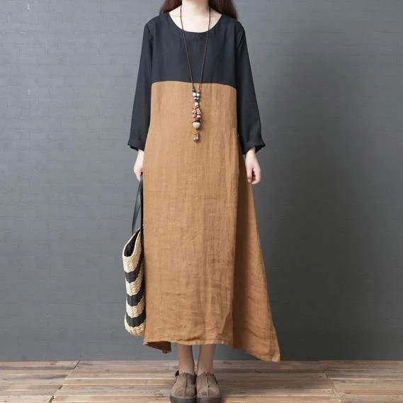 Organic O-Neck Patchwork Asymmetric Linen Clothes For Women Fashion Work Khaki Maxi Dress Fashionable High-Low Maxi Dress Organic O-Neck Patchwork Asymmetric Linen Clothes For Women Fashion Work Khaki Maxi Dress Fashionable High-Low Maxi Dress