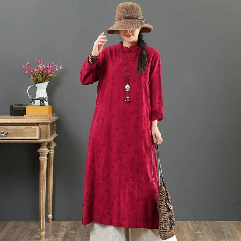 Organic stand collar Jacquard cotton clothes For Women design burgundy Maxi Dresses fall Fashionable Chiffon Maxi Dress Organic stand collar Jacquard cotton clothes For Women design burgundy Maxi Dresses fall Fashionable Chiffon Maxi Dress