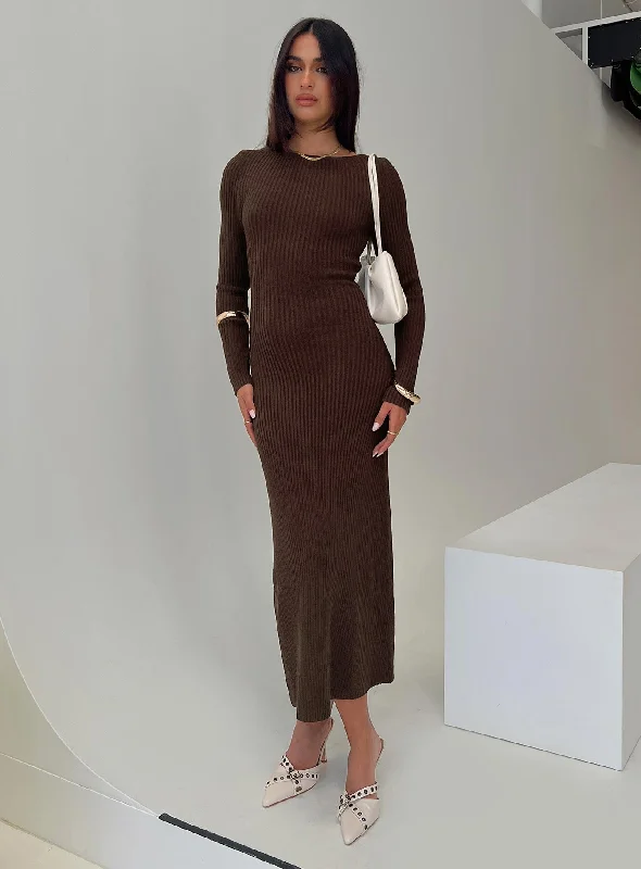 Osment Long Sleeve Knit Maxi Dress Chocolate