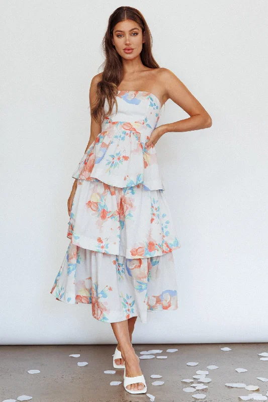 Outshine Strapless Tiered Midi Dress Floral Peach Elegant Floral Appliqué Midi Dress