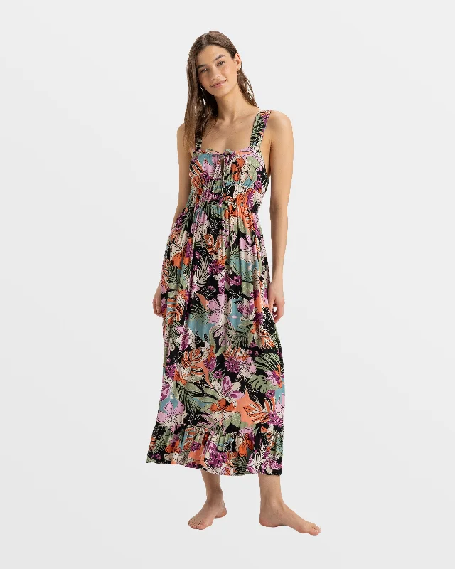Paradise Winds Tropical Midi Dress - Phantom Moody Tropical Apparel Elegant Faux Wrap Midi Dress Paradise Winds Tropical Midi Dress - Phantom Moody Tropical Apparel Elegant Faux Wrap Midi Dress