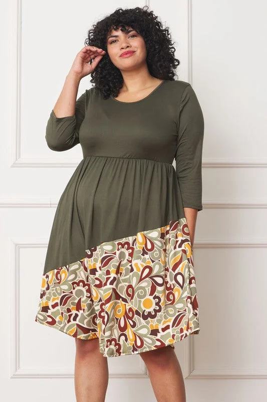 Plus Size Long Sleeves Asymmetrical Accent Midi Dress