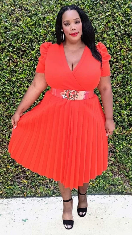 Plus Size Short Puff Sleeves Pleated Wrap Front Flare Midi Dress with Belt