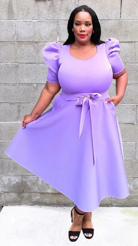 Plus Size short puff sleeves V-Neck Flowy Flare Midi Dress with Pockets and Belt